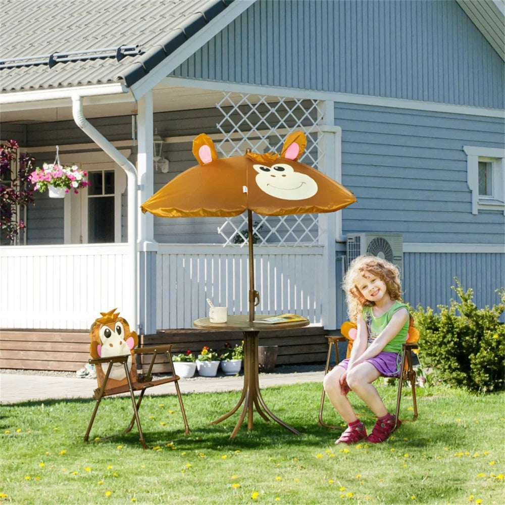 Cute Monkey Kids Patio Table Chair Set With Foldable Umbrella