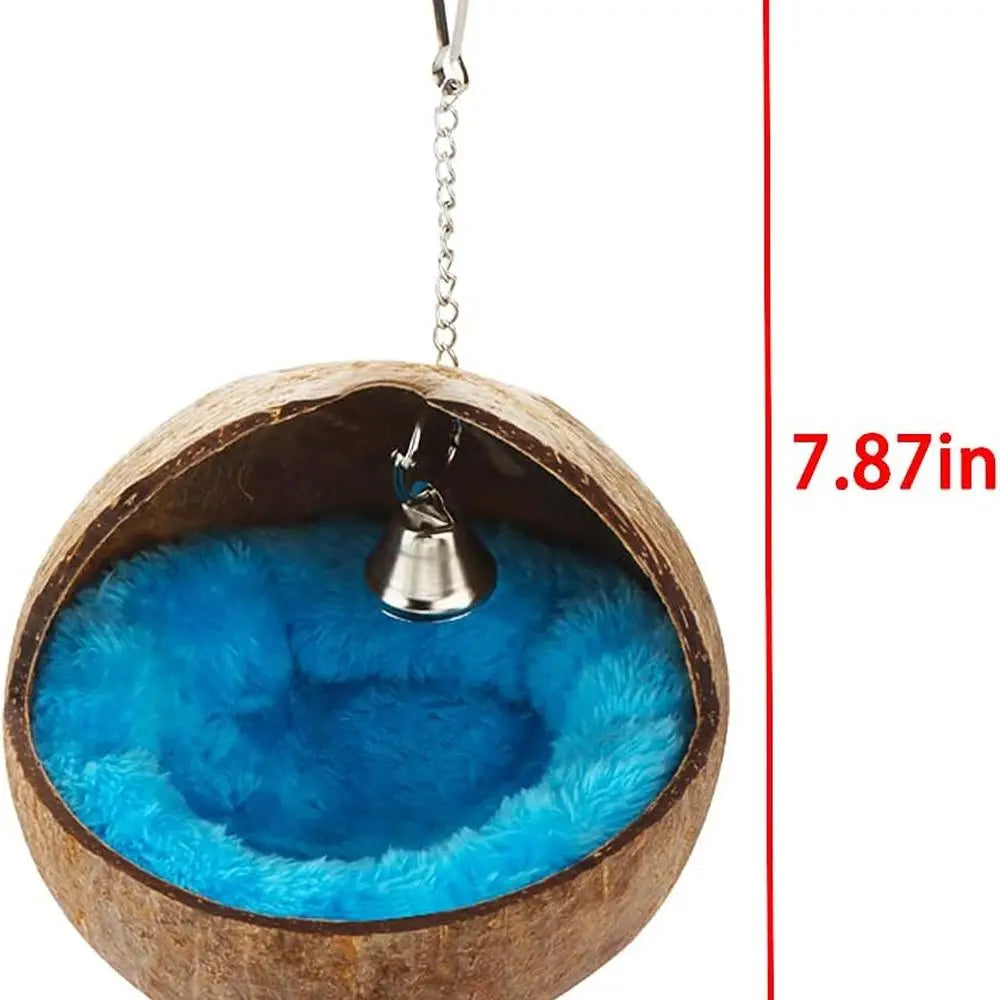 Natural Coconut Shell Bird Nest Set With Warm Pad And Bell For Parrot Budgie