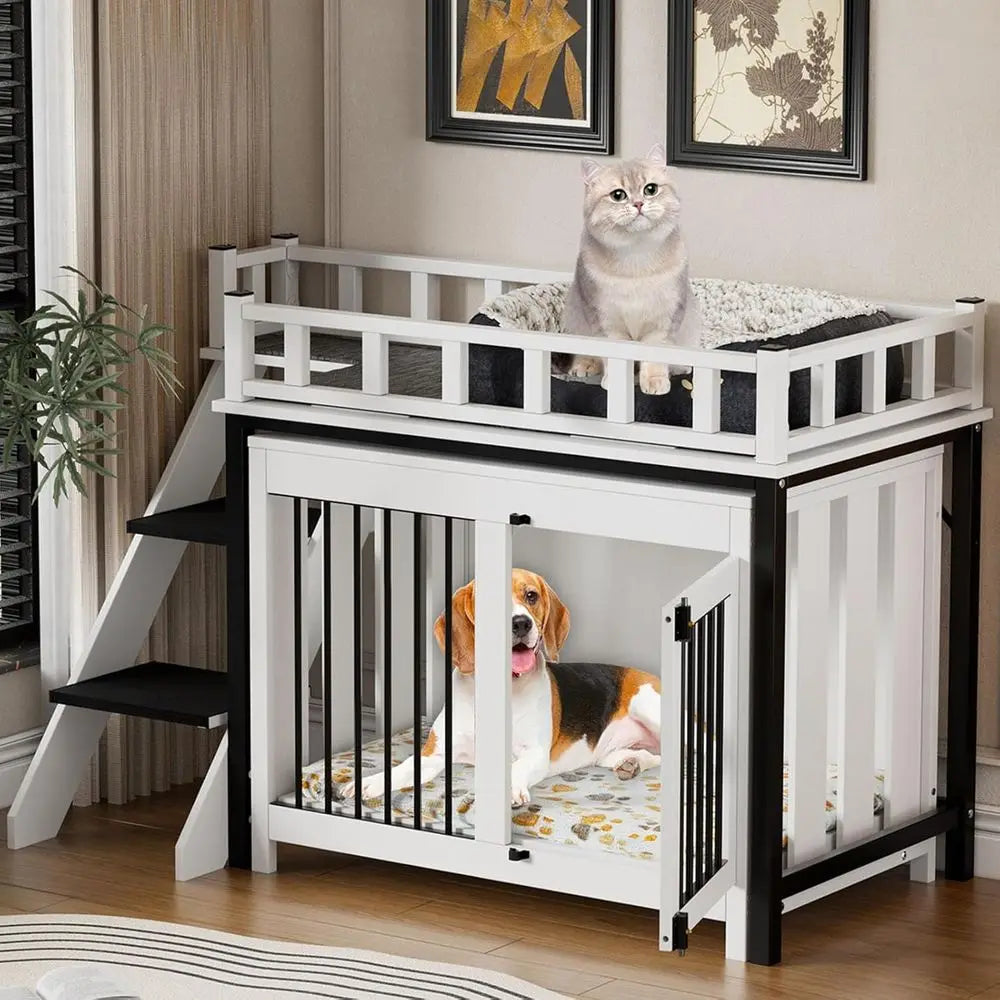 Pet Bunk Bed,Dog Window Perch with Stairs and Storage, Dogs/Cats Crate urniture, with Multi-pose Blanket and Indoor Dog Bed or S