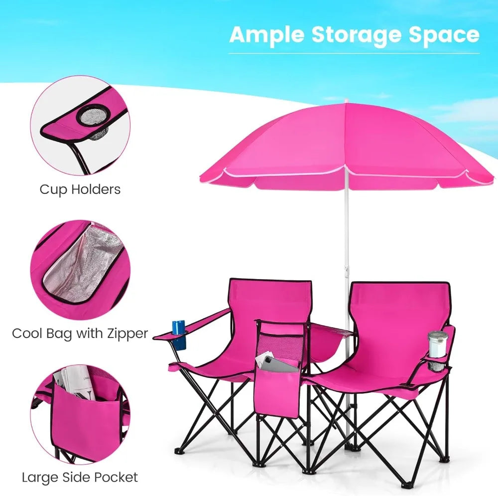 Double Camping Chair with Umbrella, Portable Folding Loveseat for Outdoor Picnic, Beach, Travel & BBQ - Pink