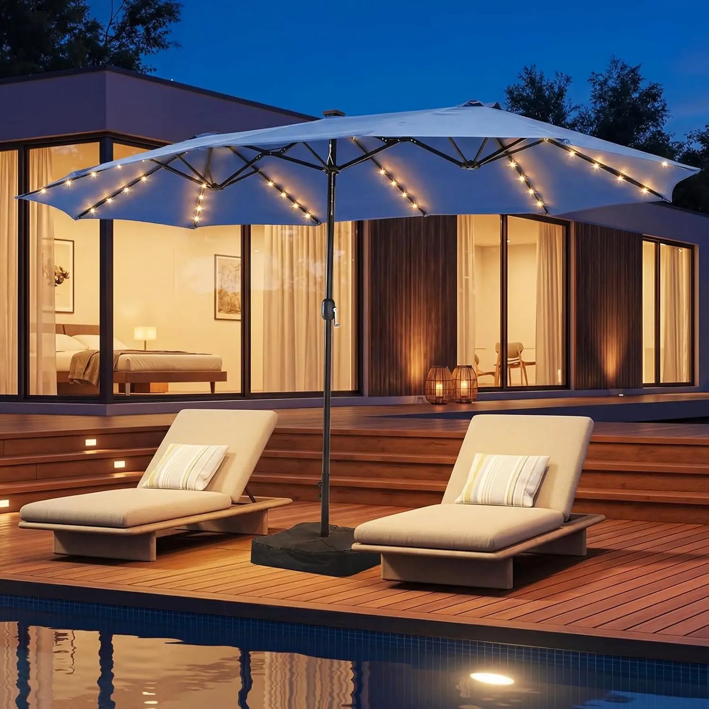 Outdoor Double-Sided Rectangular Patio Umbrella With Crank and Base
