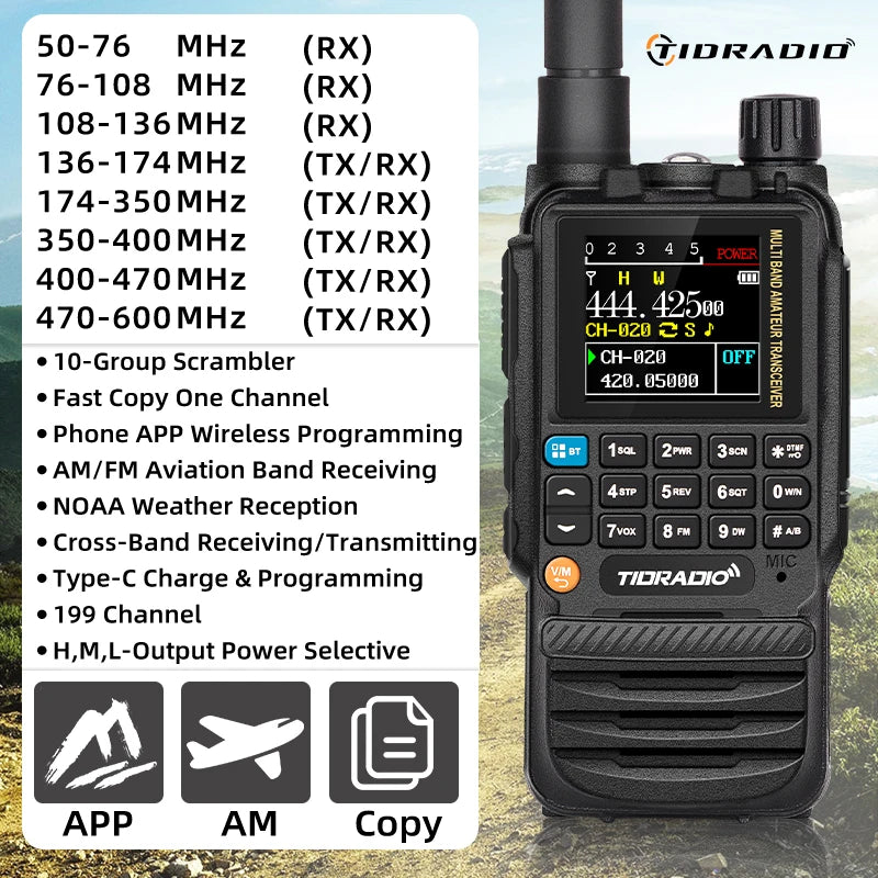 TIDRADIO H3 Walkie Talkie Phone APP Wireless Programming HAM Air Band Long Range Radio USB Type-C Cable Programming &Charge