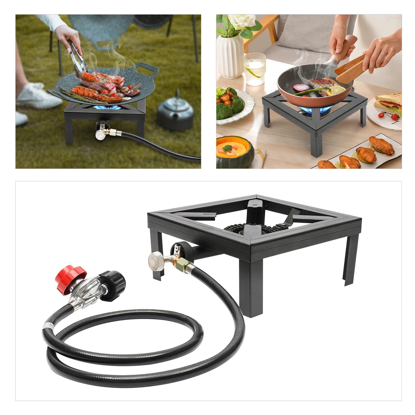 8000W Portable Single Burner Outdoor Gas Stove Propane Cooker with Adjustable 0-20Psi Regulator Hose for Patio Camping Black