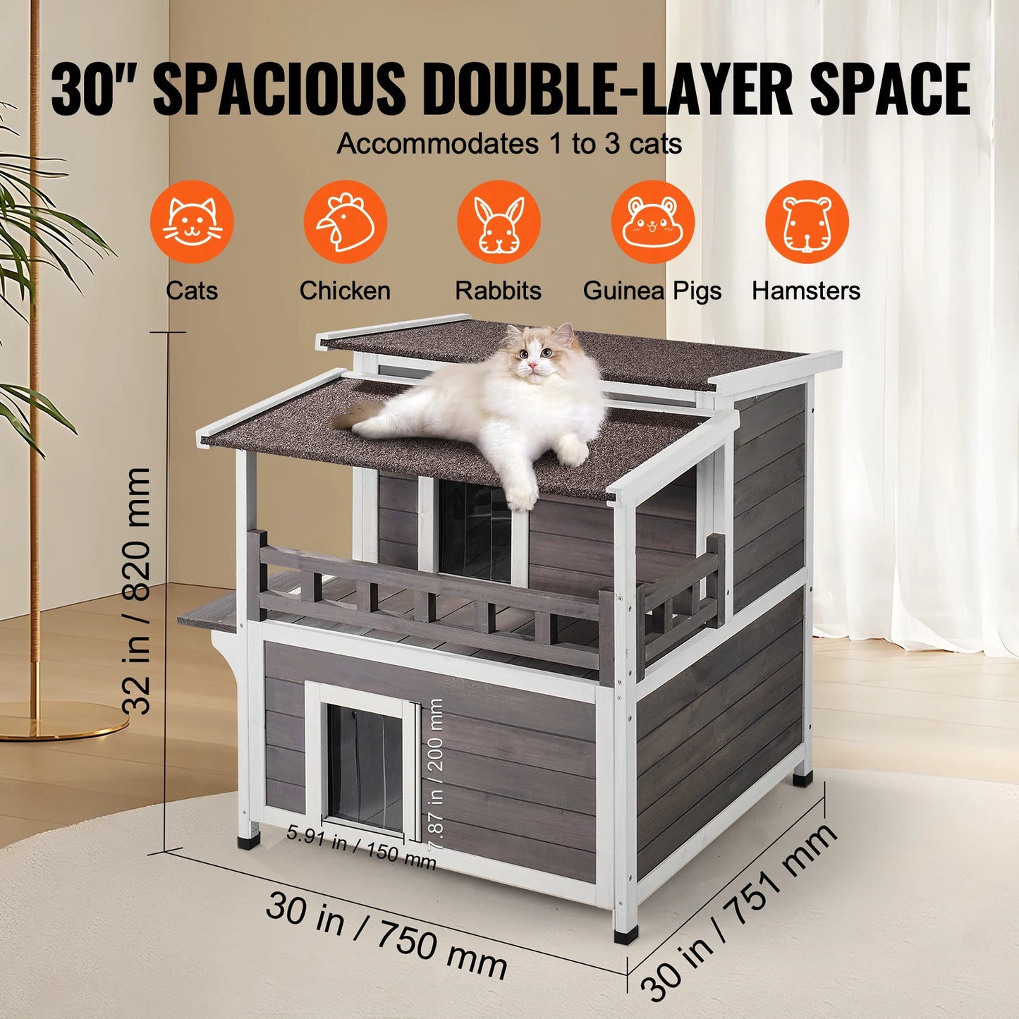 SucceBuy Weatherproof Outdoor Cat House With Balcony