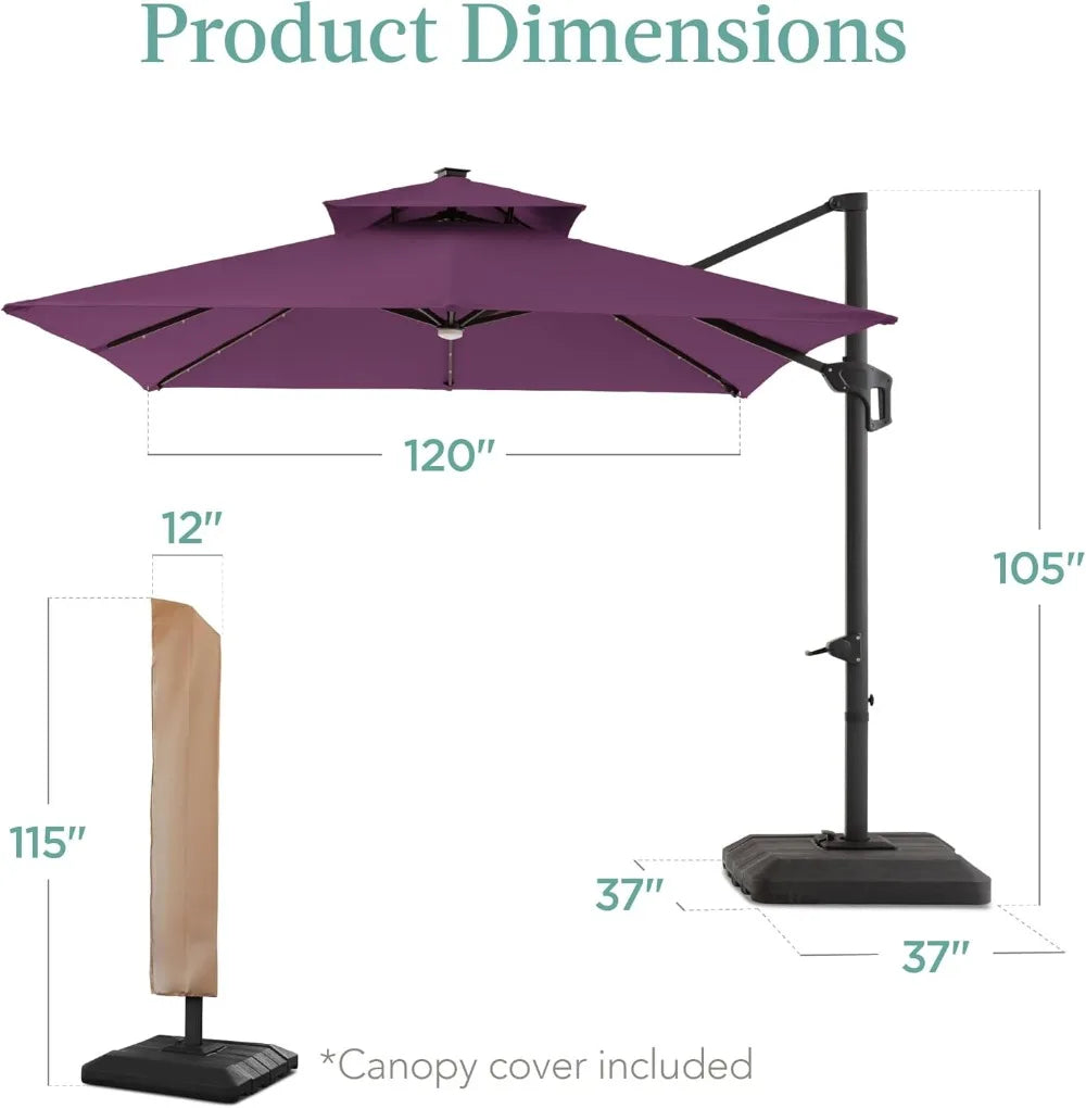 NONECN Cantilever Patio Umbrella With Base, Solar LED Lights