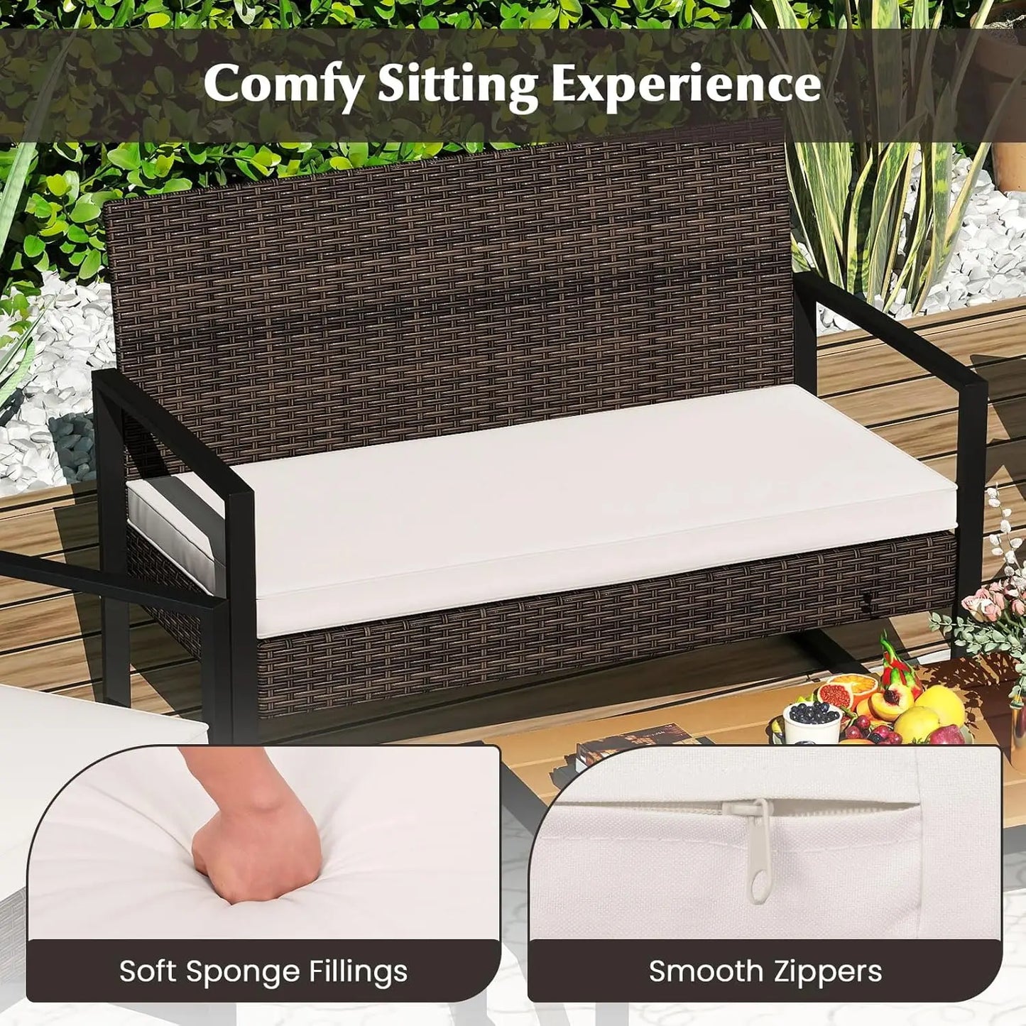 Outdoor Rattan Conversation Set With Cushioned Chairs And Coffee Table