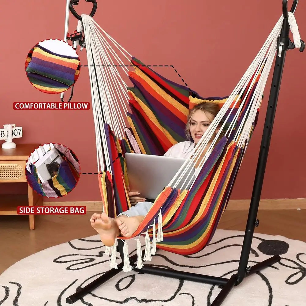 Double Hammock Chair with Stand - Bohemian Style Swing for Indoor/Outdoor Use, Mobile Phone Holder, Adjustable, Floor Mat Includ