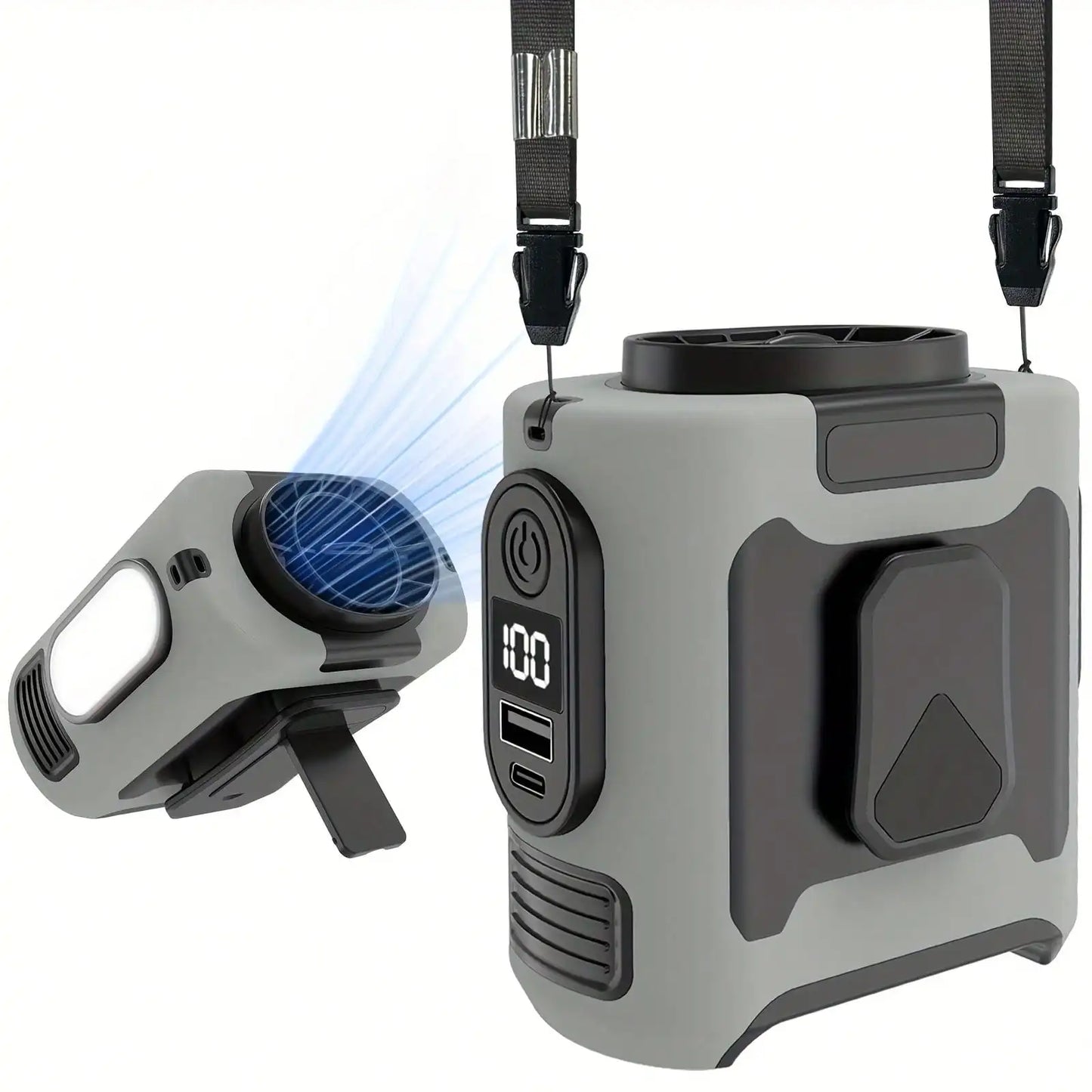 Portable Neck Fan With 10000mAh Battery Dual Clips And Flashlight