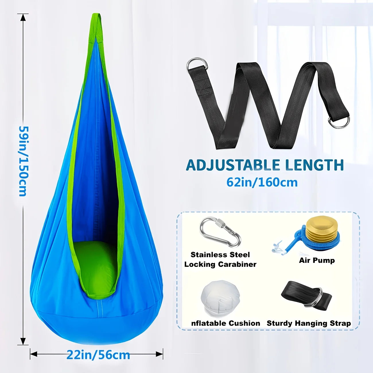 1-Pack of Indoor/Outdoor Hanging Hammock Chair Includes Inflatable Pillow And Cylinder, Storage Bag, Maximum Load Capacity of 264 Pounds, Includes Straps And Screws, Woven Nylon Fabric, No Batteries