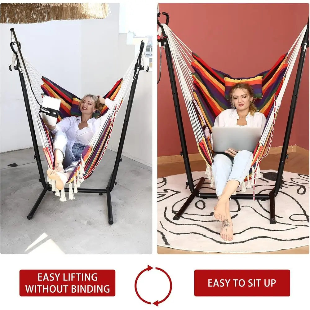 Double Hammock Chair with Stand - Bohemian Style Swing for Indoor/Outdoor Use, Mobile Phone Holder, Adjustable, Floor Mat Includ