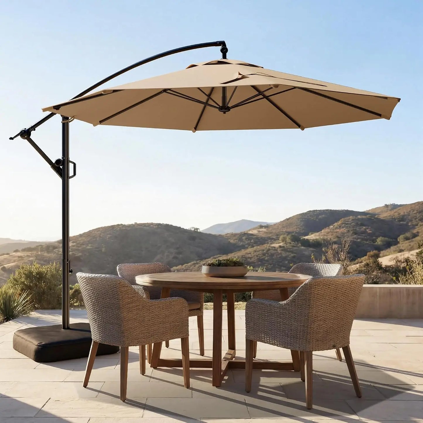 10ft Cantilever Patio Umbrella with Base Included, 30 MPH Wind-Resistant Offset Outdoor Hanging Umbrella with 45, Customized