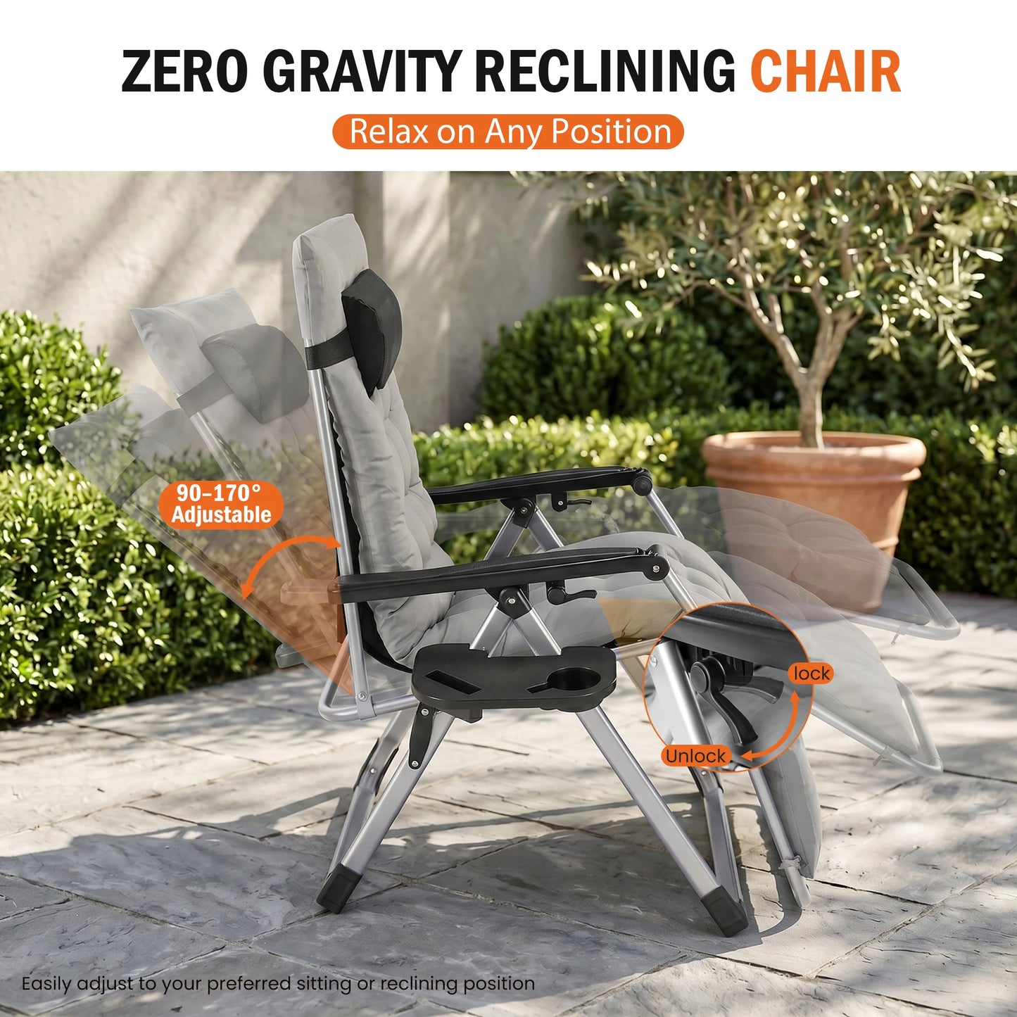 JHK Zero Gravity Reclining Camping Lounge Chair for Outdoor Soft Cushion Patio Chairs with Cup Holder Trays and Removable Cushion Folding Recliner for Indoor