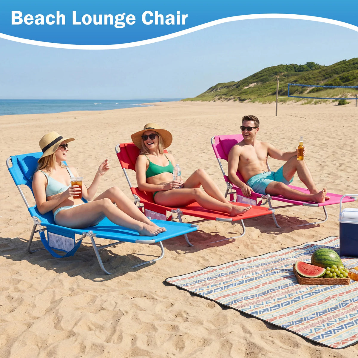 JHK Adjustable Reclining Beach Lounge Chair Portable Folding Metal Frame