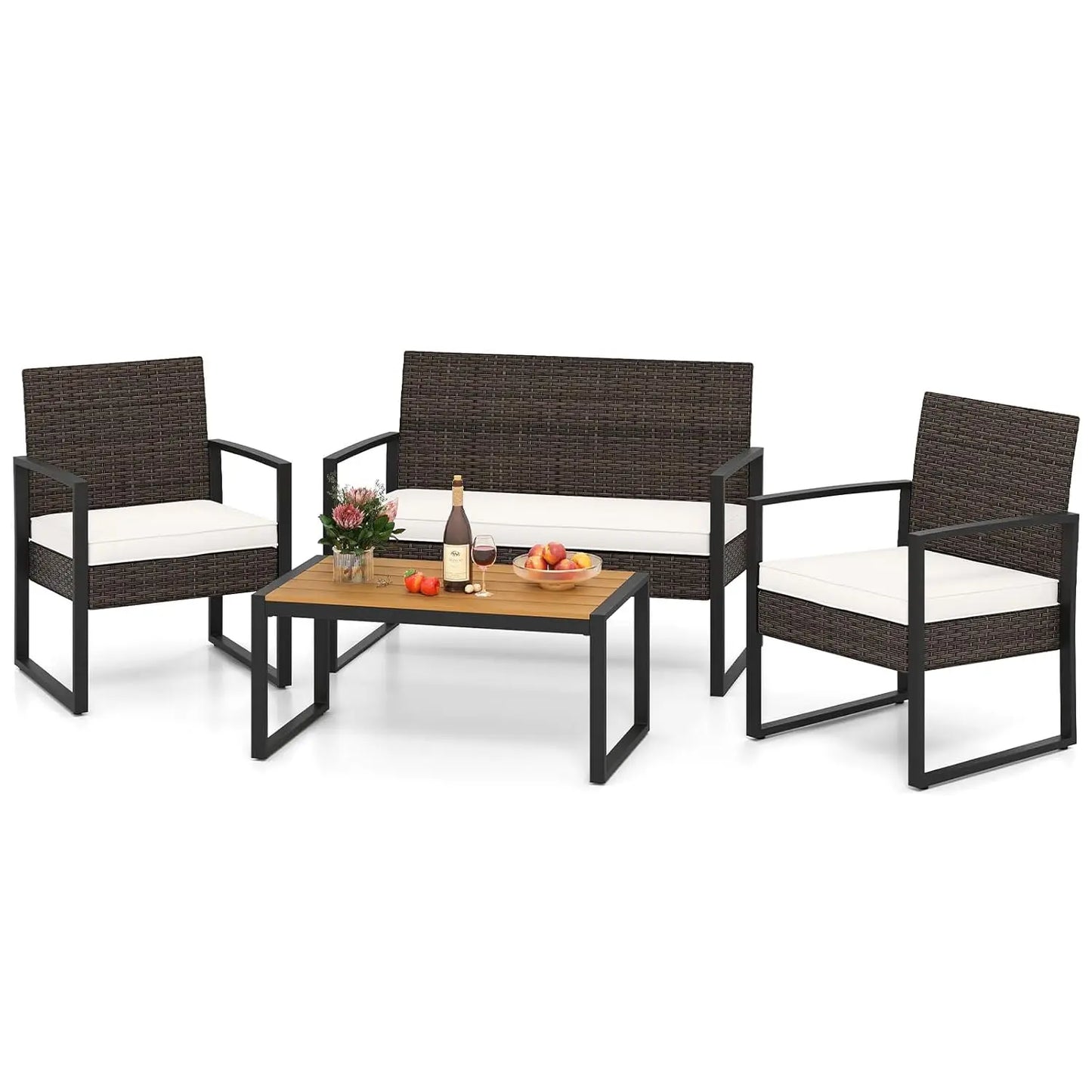 Outdoor Rattan Conversation Set With Cushioned Chairs And Coffee Table