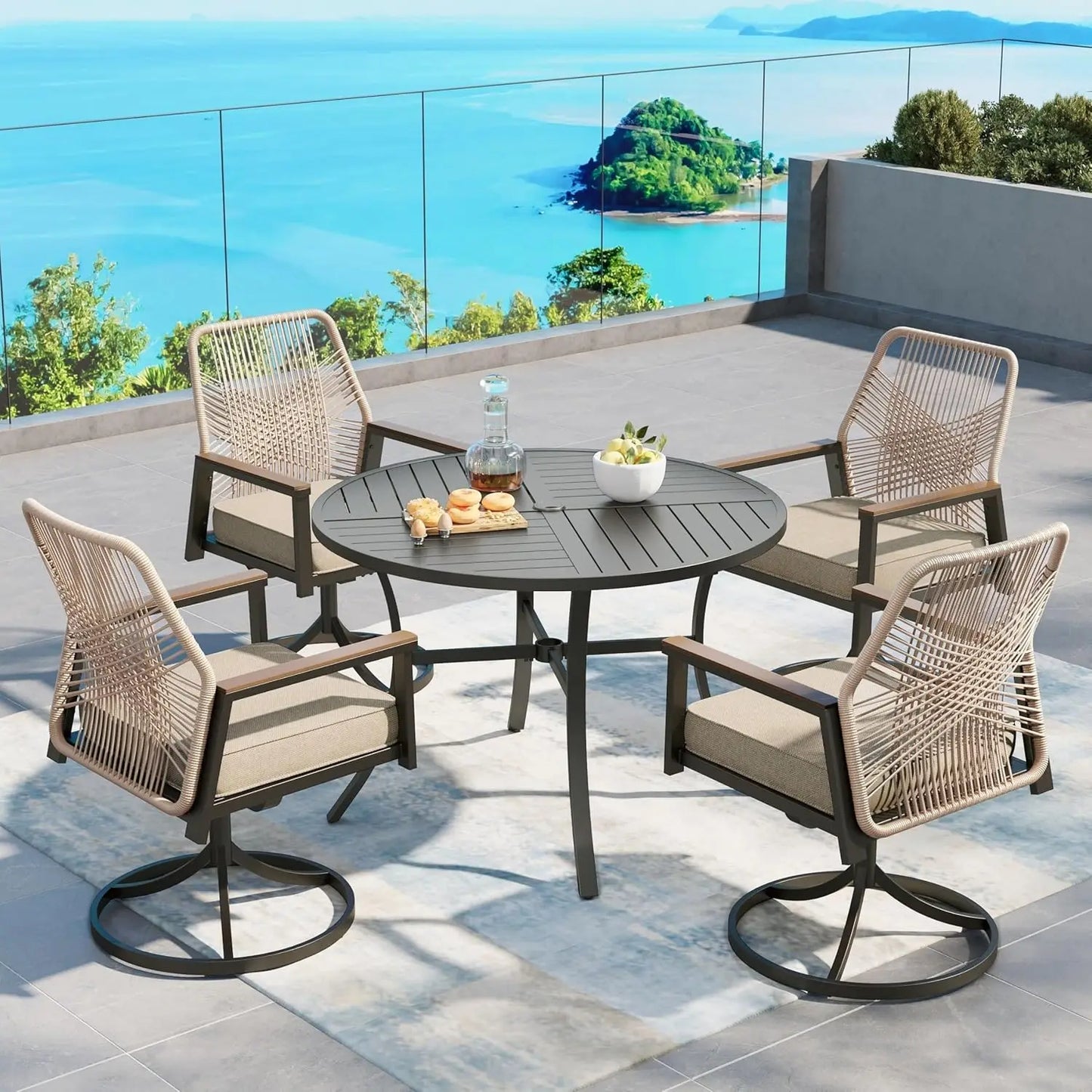 Patio Dining Set For 4 With Woven Rattan Waterproof Cushions