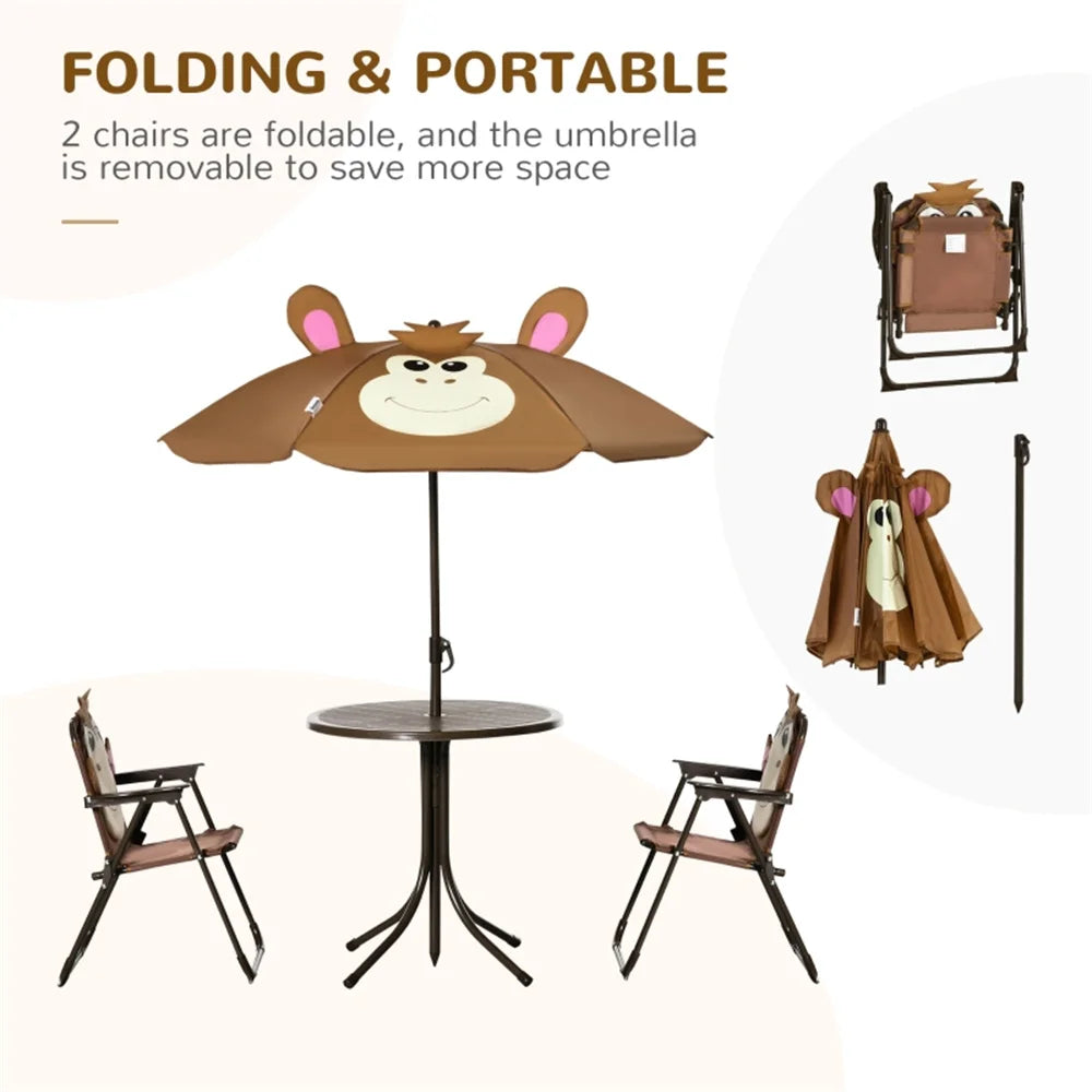 Cute Monkey Kids Patio Table Chair Set With Foldable Umbrella