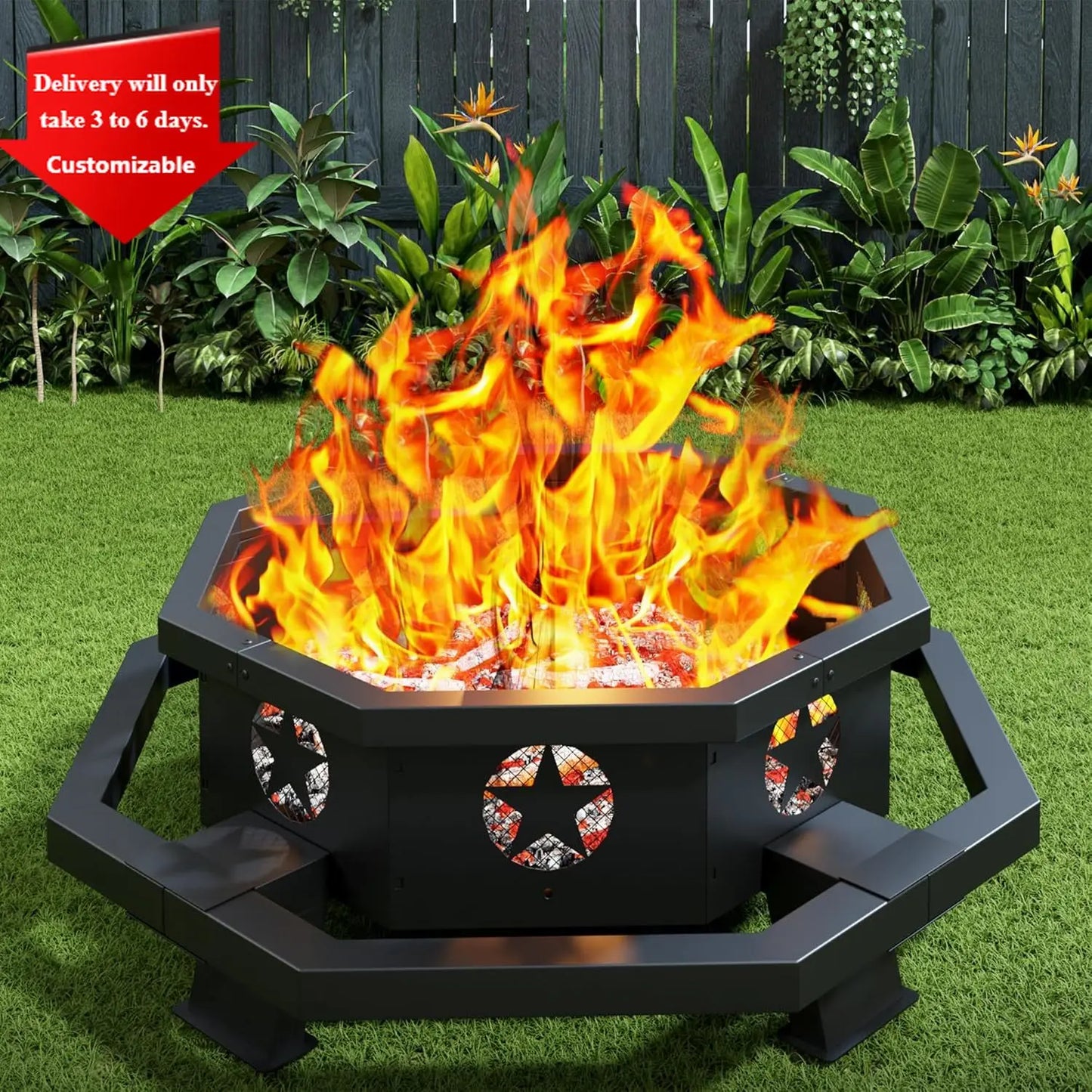 45 Inch Fire Pit for Outside Wood Burning, Outdoor Octagonal Fire Pit with Poker,