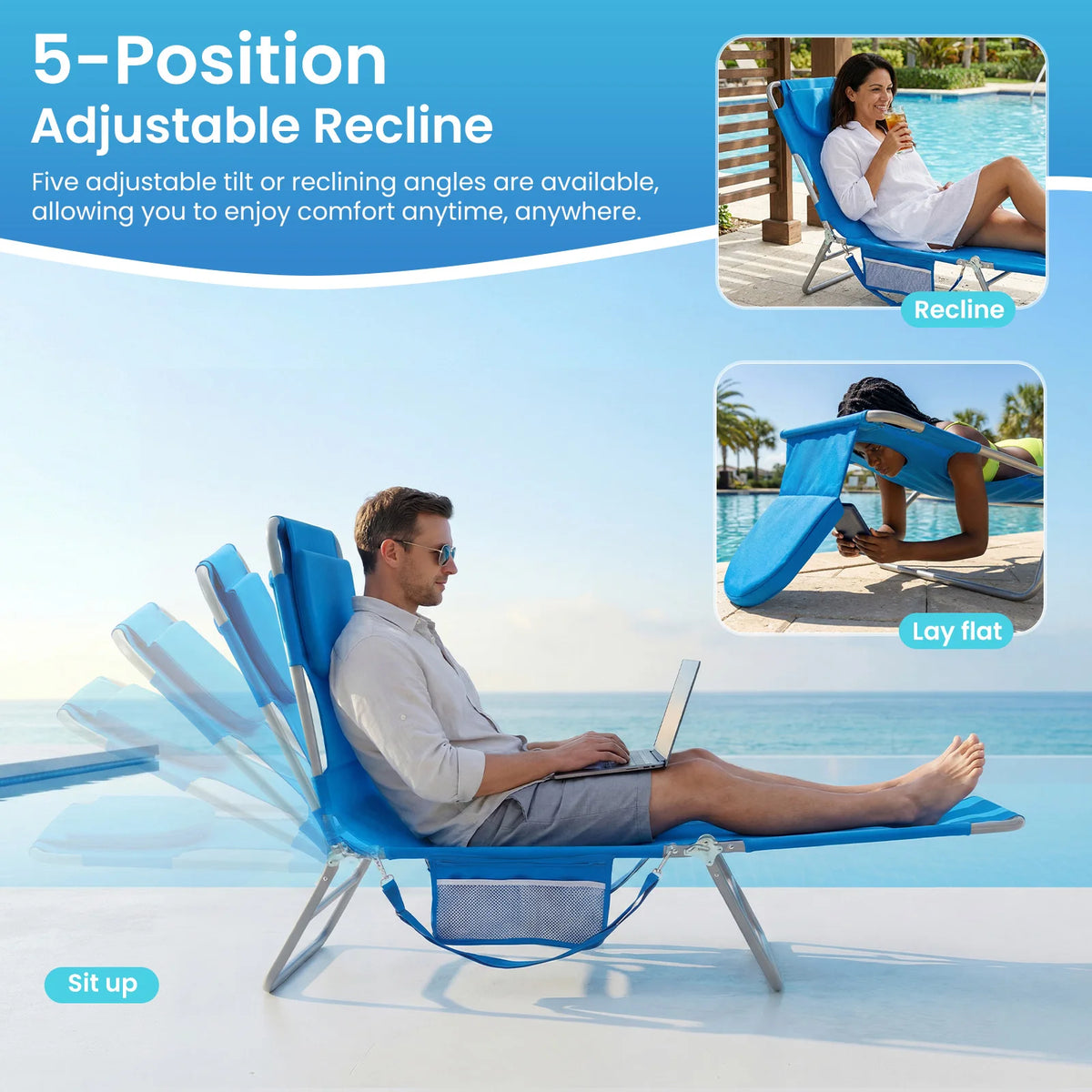 JHK Adjustable Reclining Beach Lounge Chair Portable Folding Metal Frame