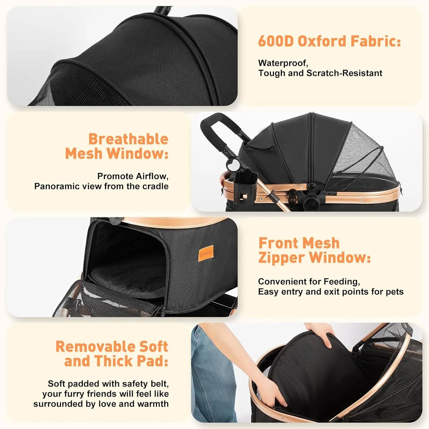 Waterproof Pet Stroller for Medium Dogs & Cats Up to 52 Lbs, Adjustable Handle & Canopy with Detachable Carrier