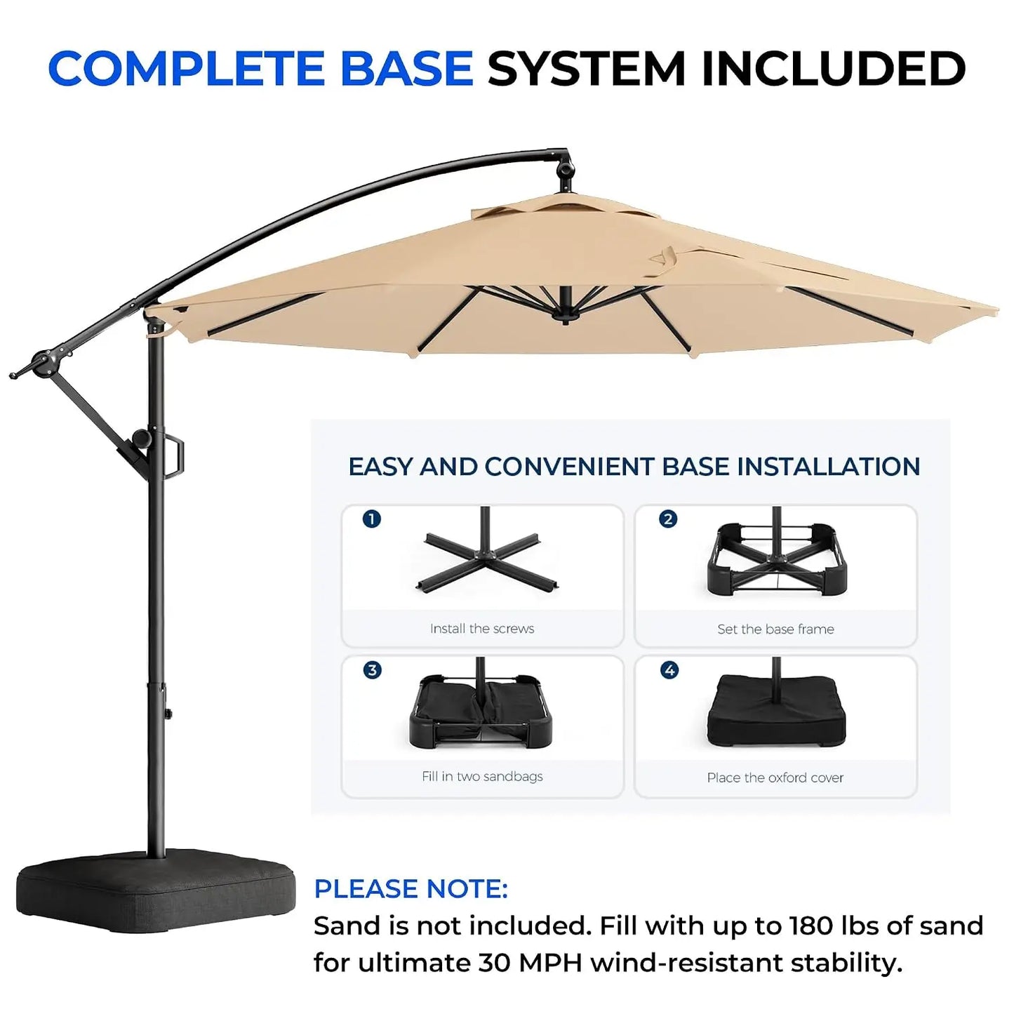 10ft Cantilever Patio Umbrella with Base Included, 30 MPH Wind-Resistant Offset Outdoor Hanging Umbrella with 45, Customized