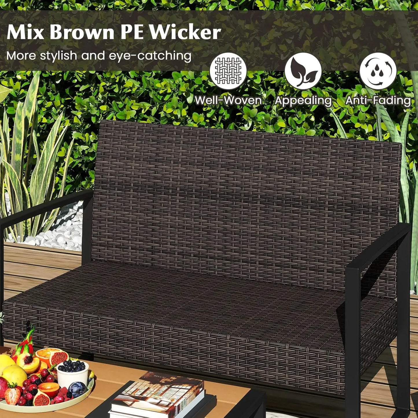 Outdoor Rattan Conversation Set With Cushioned Chairs And Coffee Table