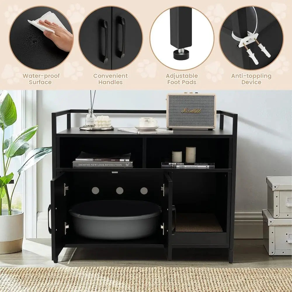Cat Litter Box Enclosure - Cat Washroom Hidden urniture with ront Entry, Scratcher, 2-Door Storage Cabinet, 2 Comparents, Air Ve