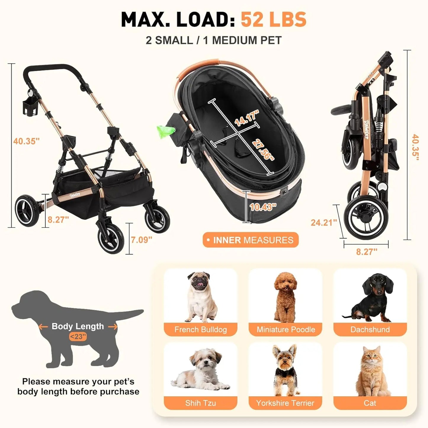 Waterproof Pet Stroller for Medium Dogs & Cats Up to 52 Lbs, Adjustable Handle & Canopy with Detachable Carrier