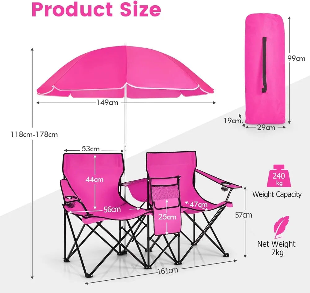 Double Camping Chair with Umbrella, Portable Folding Loveseat for Outdoor Picnic, Beach, Travel & BBQ - Pink