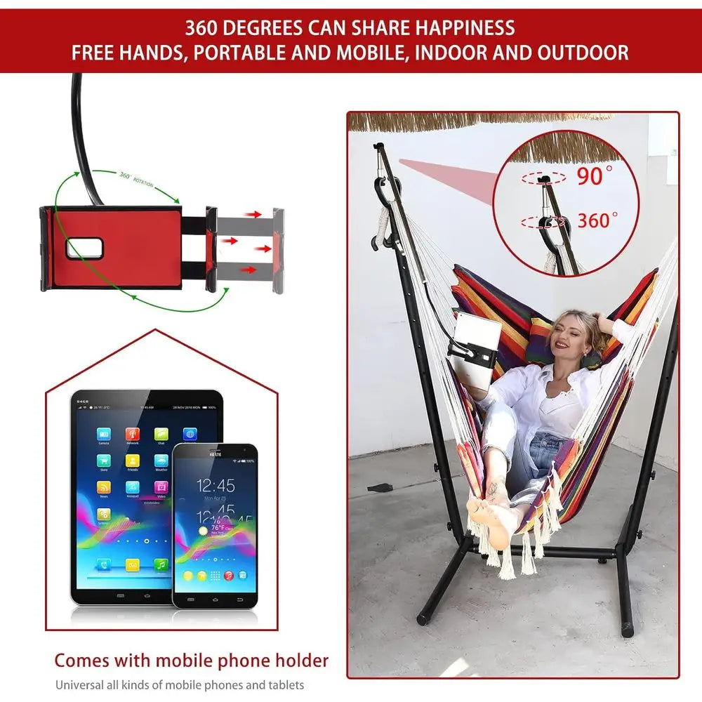 Double Hammock Chair with Stand - Bohemian Style Swing for Indoor/Outdoor Use, Mobile Phone Holder, Adjustable, Floor Mat Includ
