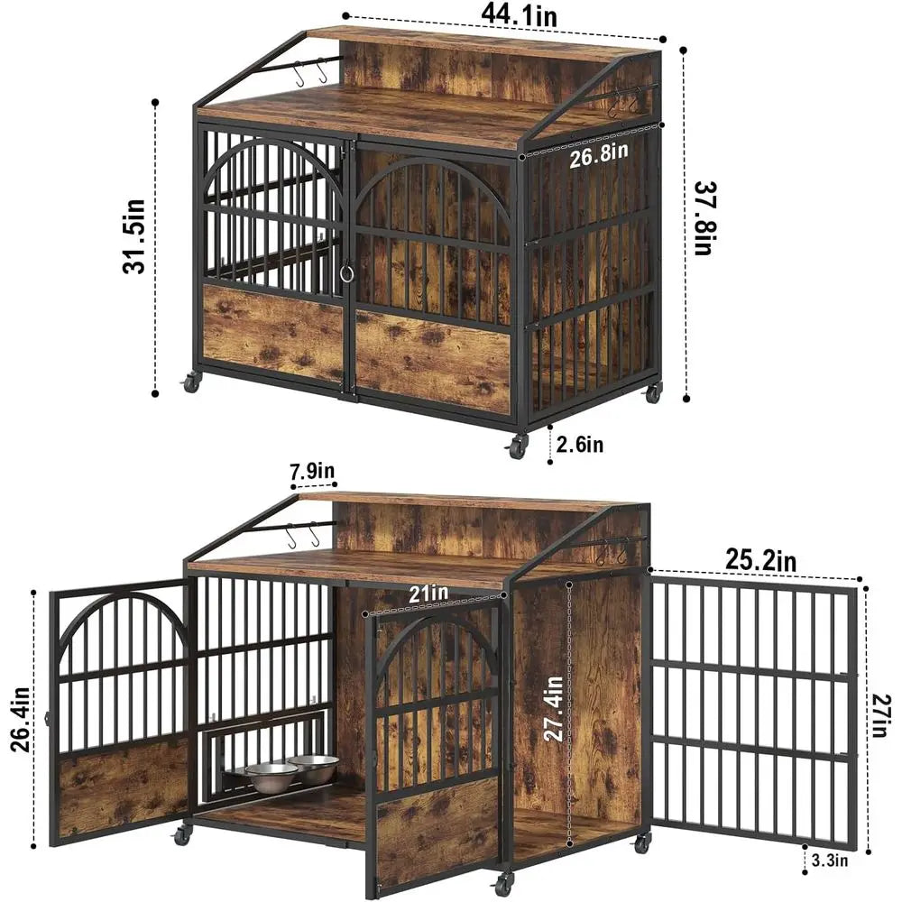Heavy Duty Dog Crate With Stainless Bowls And Locking Wheels