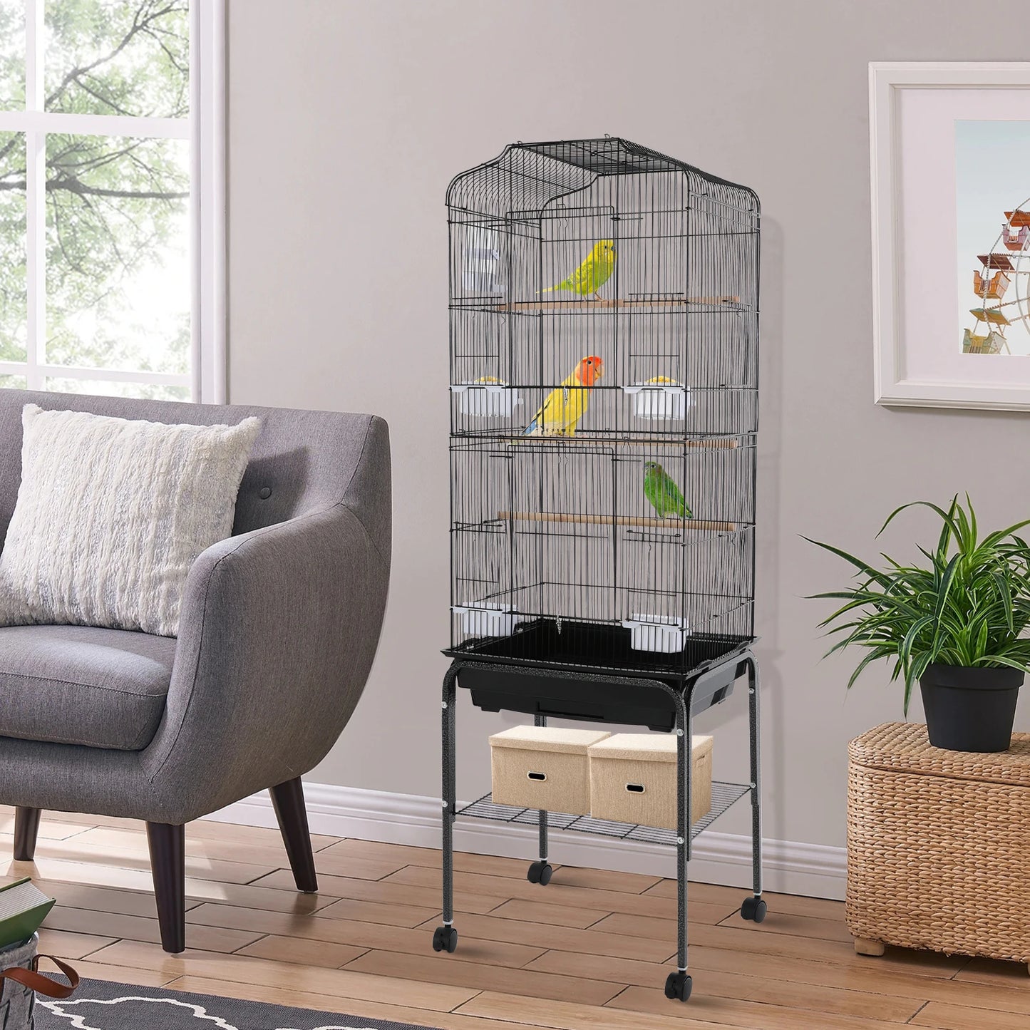 Bird Cage With Stand And Wheels Lockable Door For Cockatiels Parrots Finches