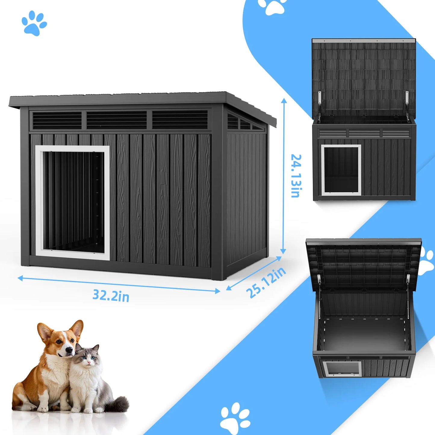 Resin Outdoor Waterproof Insulated Dog House With Slanted Roof And Hydraulic Rod