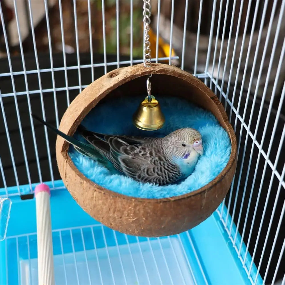 Natural Coconut Shell Bird Nest Set With Warm Pad And Bell For Parrot Budgie