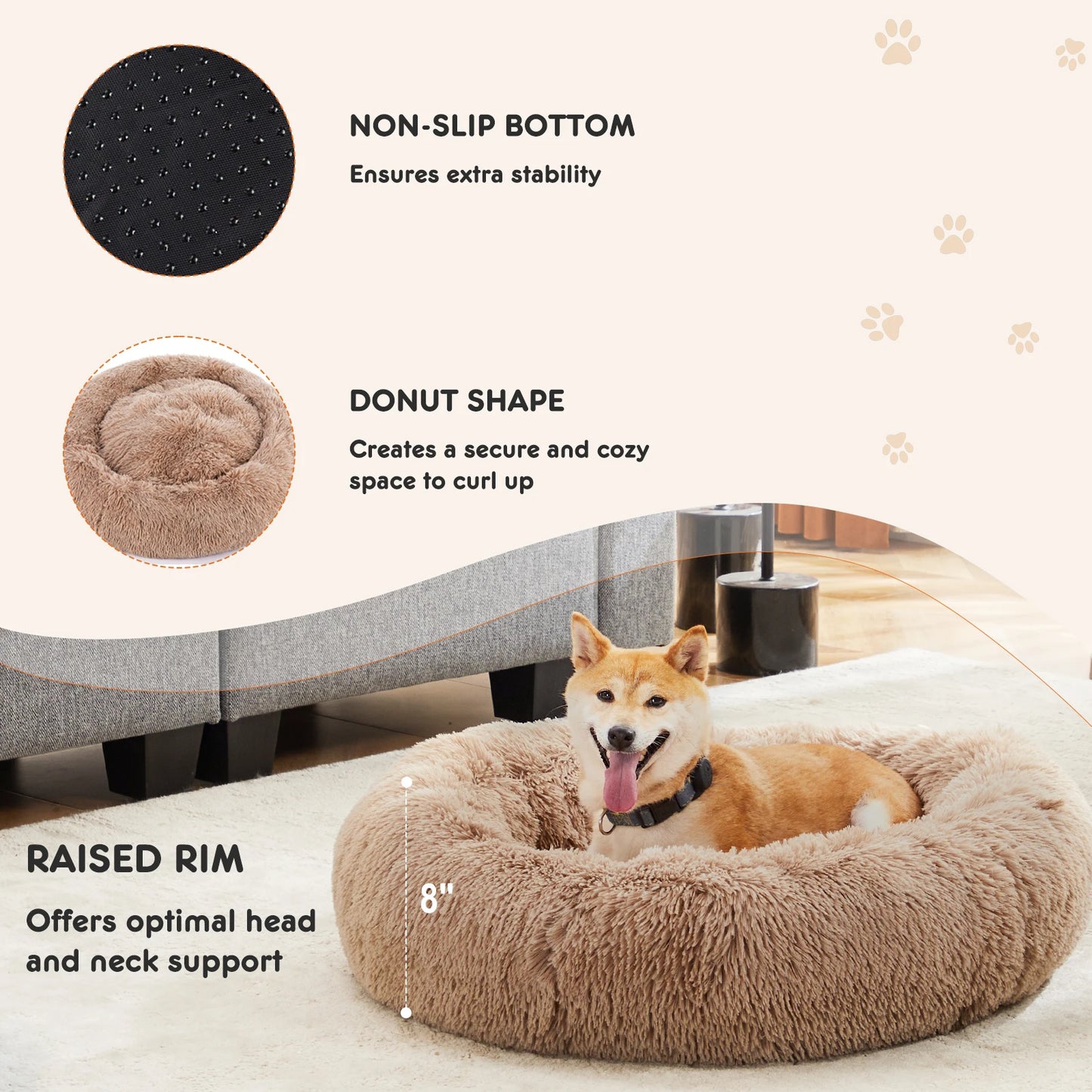 JHK Calming Dog Bed Washable Plush Faux Fur Round Bed