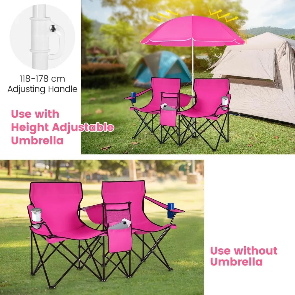 Double Camping Chair with Umbrella, Portable Folding Loveseat for Outdoor Picnic, Beach, Travel & BBQ - Pink