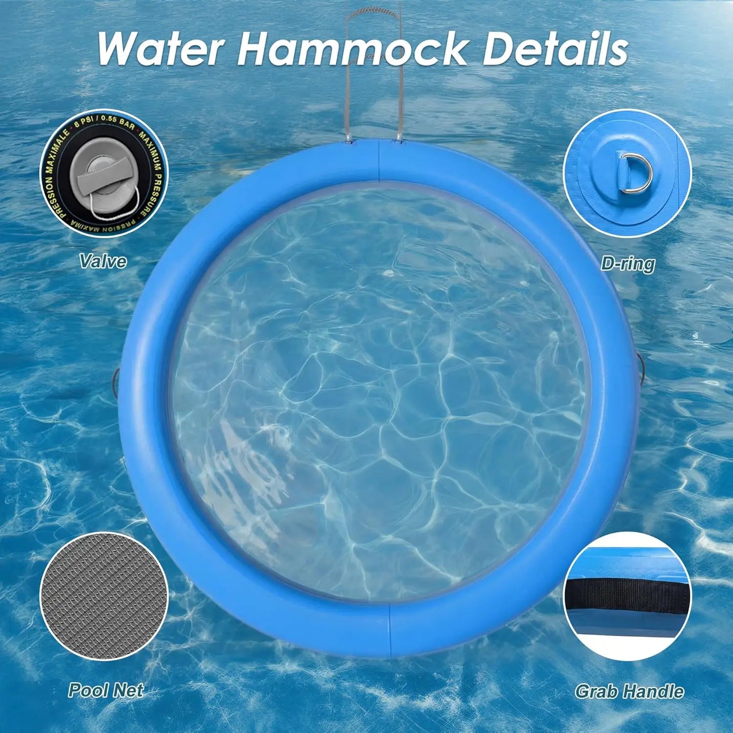 Water Hammock Inflatable Sunchill Float Ring with Mesh Design, Heavy Duty Inflatable Raft Float Ring Platform,Hammock, Custom