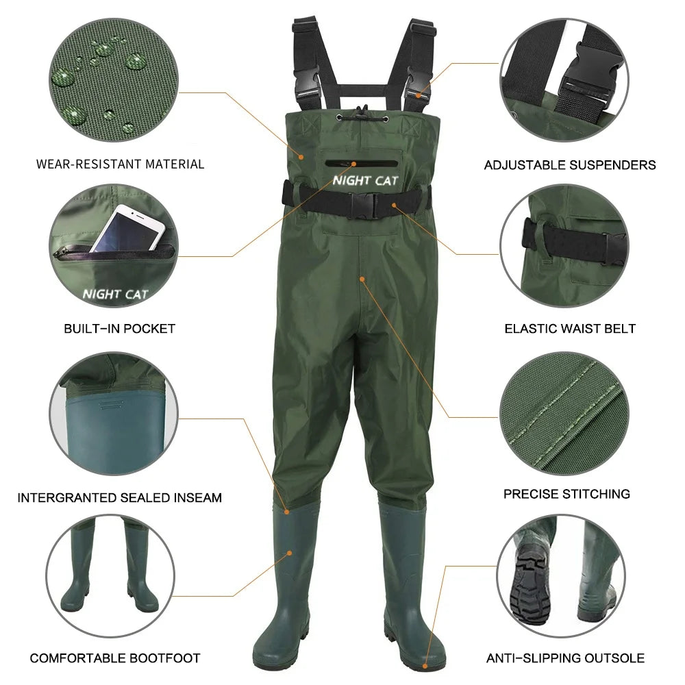 Night Cat Fishing Wader for Men Women Farm Working Waterproof Hunting Chest Wader with Boots Belt Breathable Lightweight