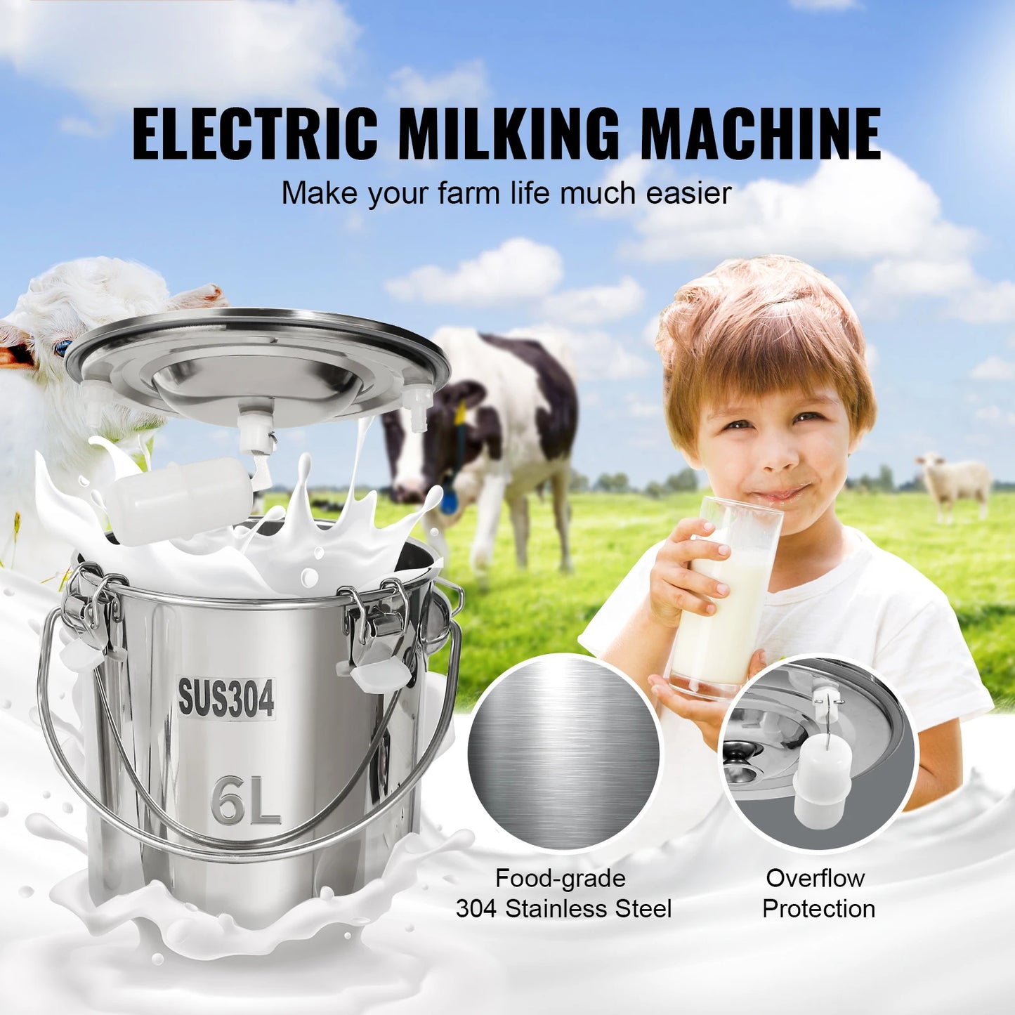 SucceBuy Goat Milking Machine Stainless Steel Bucket Electric Pulsation
