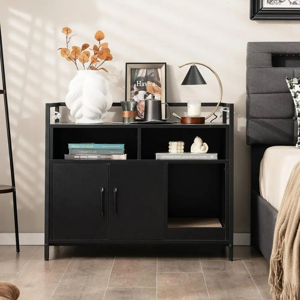 Cat Litter Box Enclosure - Cat Washroom Hidden urniture with ront Entry, Scratcher, 2-Door Storage Cabinet, 2 Comparents, Air Ve