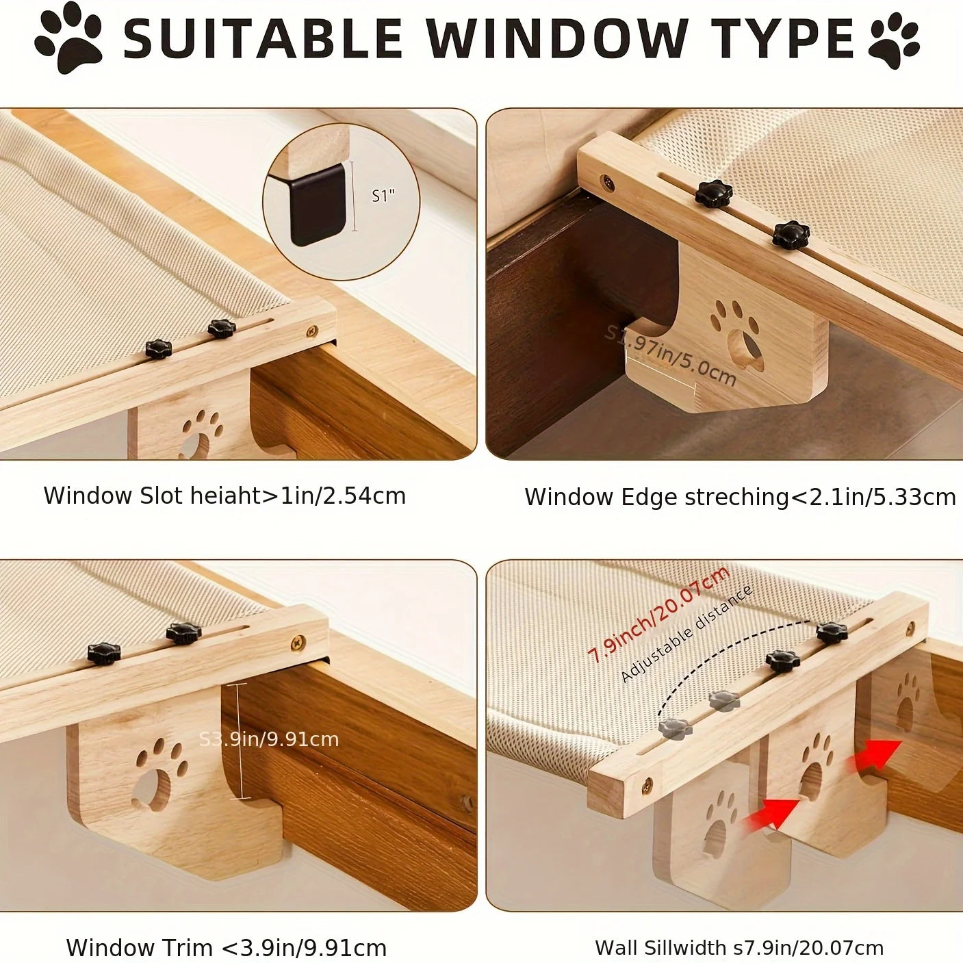 CZBNYX Cat Window Hammock For Indoor Cats With Wooden Frame
