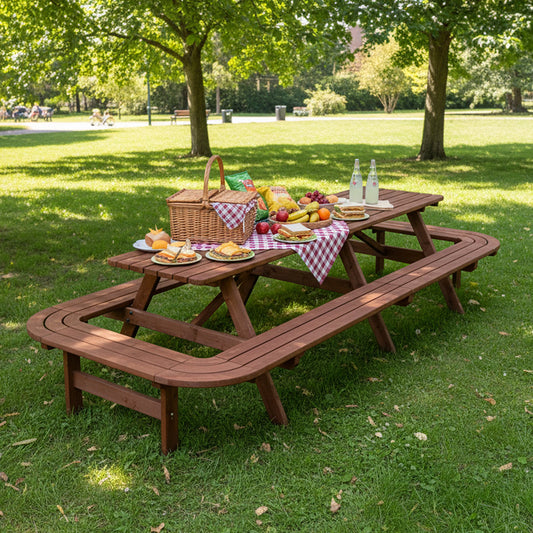 Wooden Outdoor Picnic Table With Umbrella Hole For Patio BBQ
