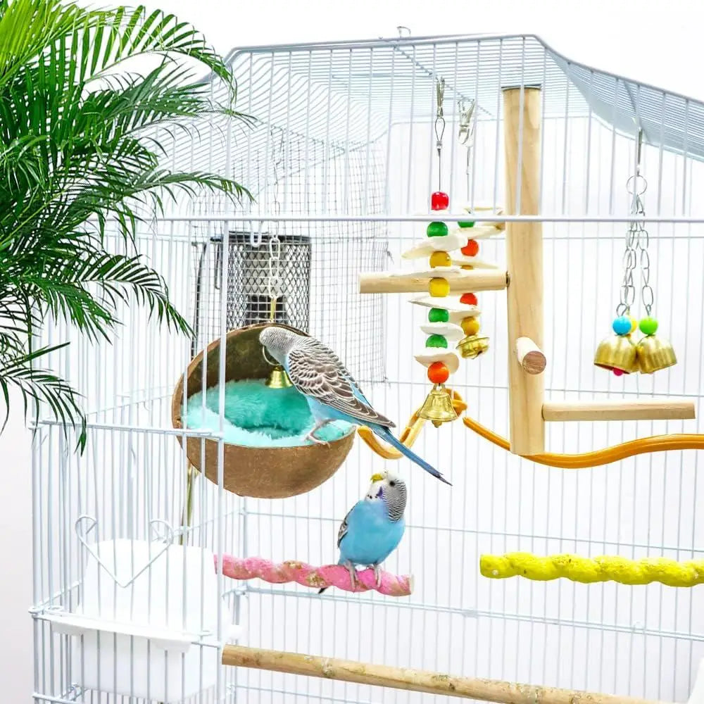 Natural Coconut Shell Bird Nest Set With Warm Pad And Bell For Parrot Budgie