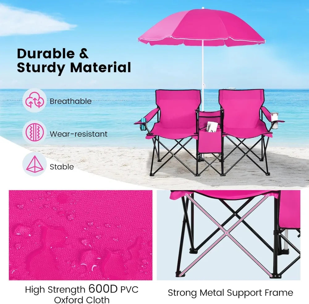 Double Camping Chair with Umbrella, Portable Folding Loveseat for Outdoor Picnic, Beach, Travel & BBQ - Pink