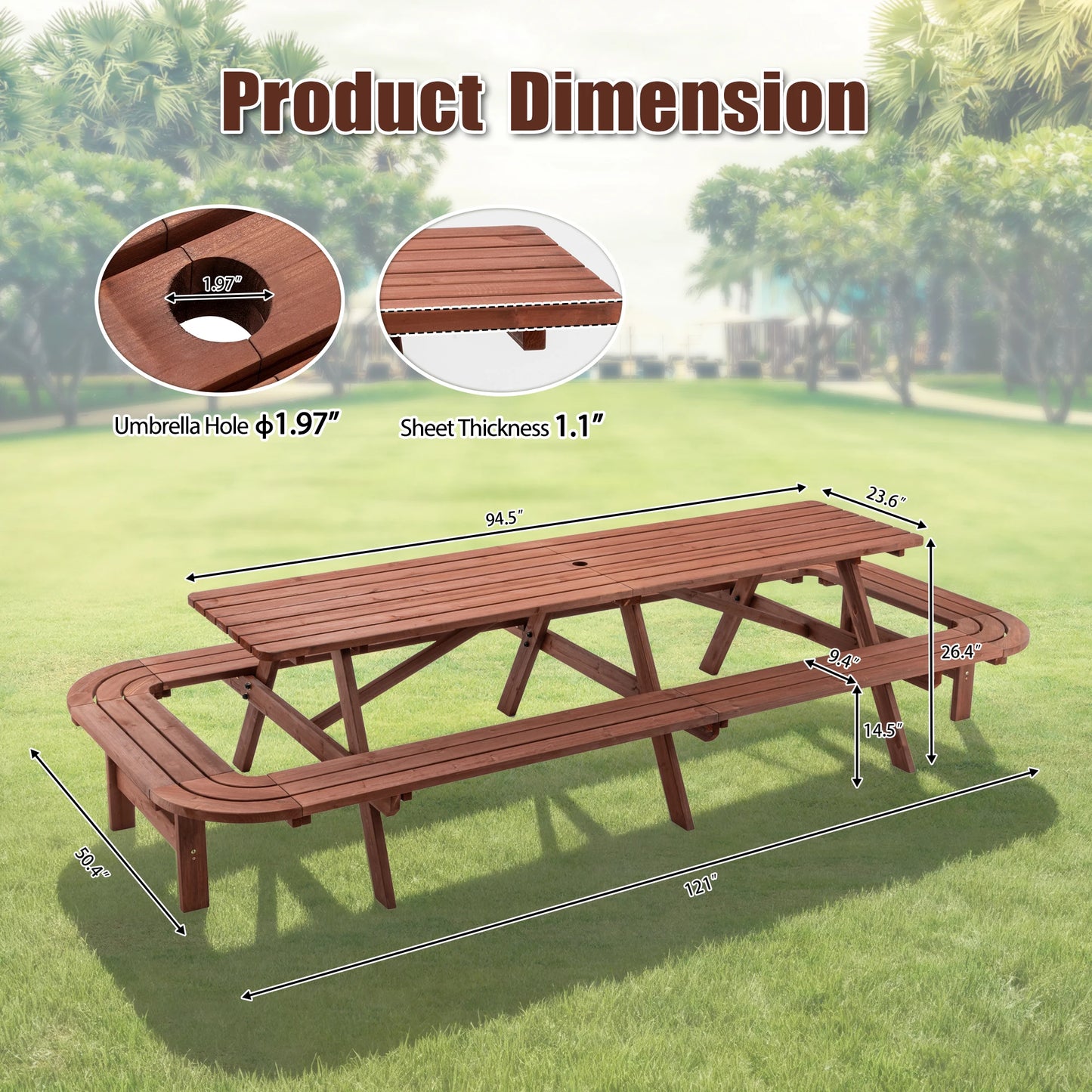 Wooden Outdoor Picnic Table With Umbrella Hole For Patio BBQ