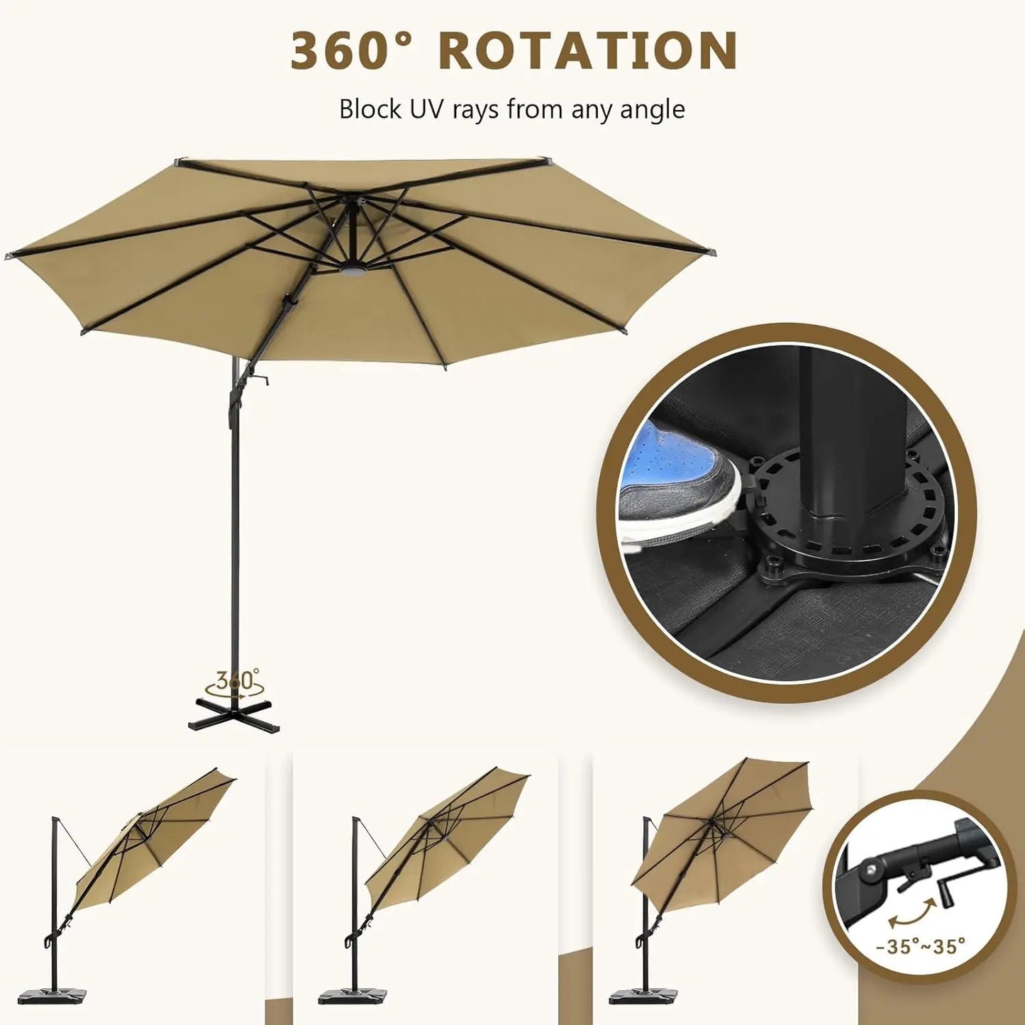 10FT Offset Cantilever Umbrella with 360° Rotation & Tilt UV 50+ 8 Ribs for Backyard Garden Deck Pool, Custom