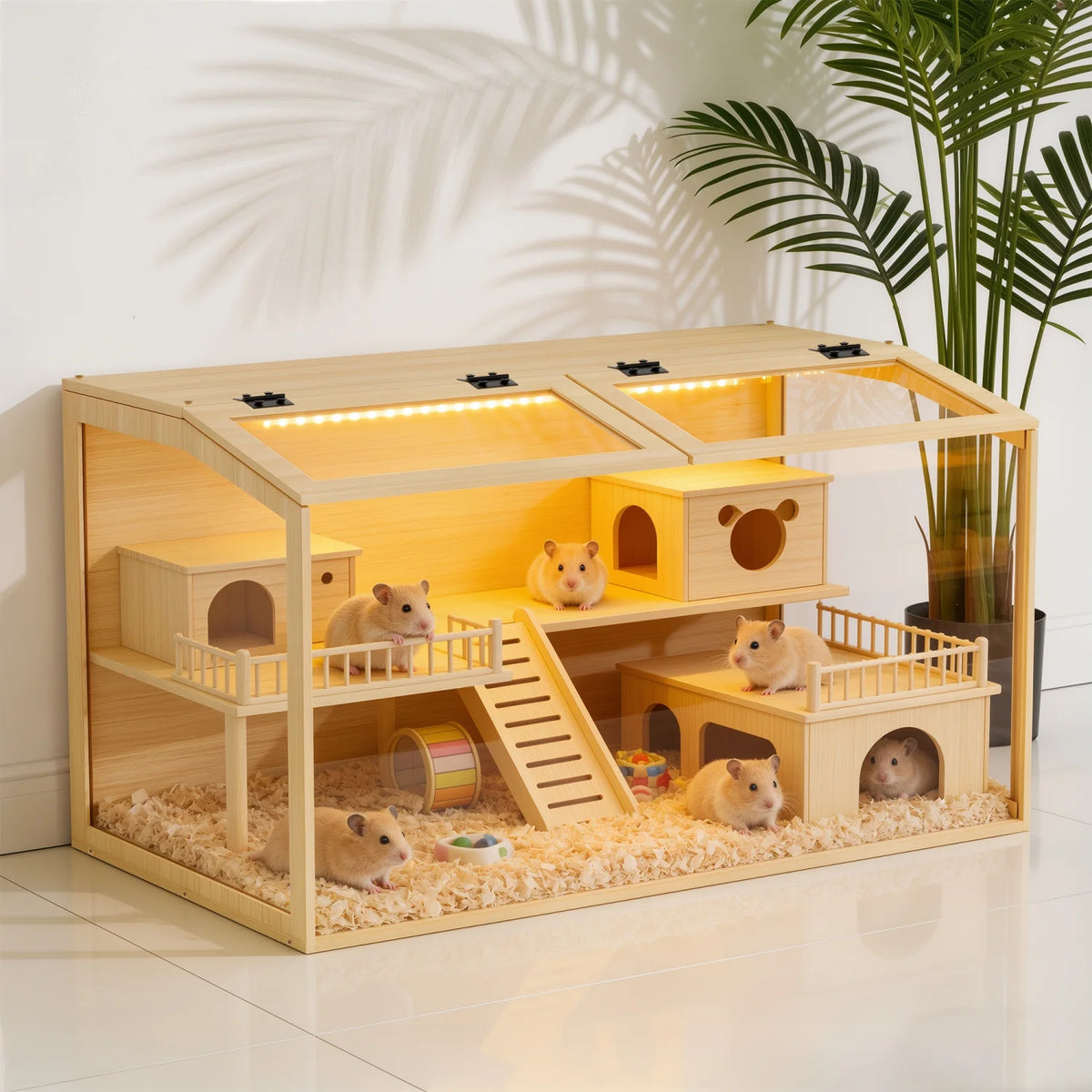 Wooden Hamster Habitat With Dual Access Doors And Integrated Lighting