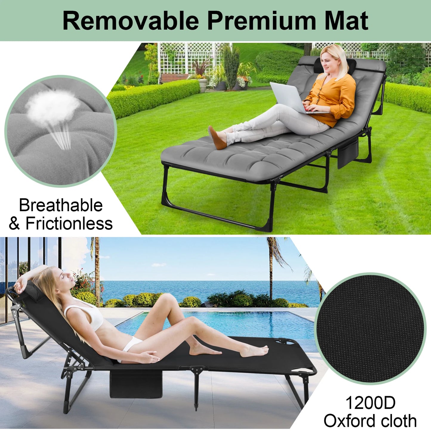 Portable Folding Camping Cot - 3-Position Adjustable Reclining Lounge Chair with Pillow, Outdoor Sleeping Bed (68cm Wide)