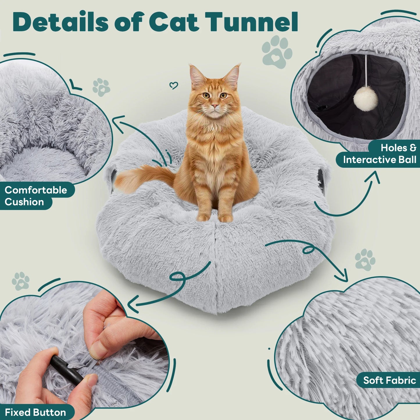 JHK Cat Tunnel Bed Plush Washable Indoor Playground