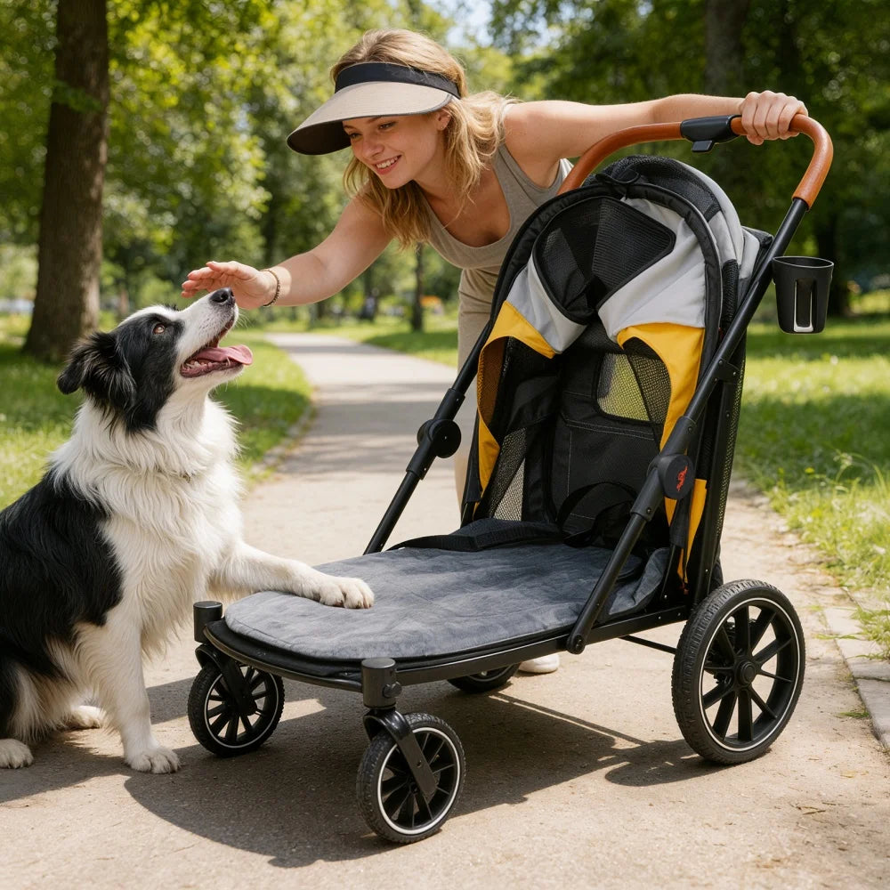 Foldable Pet Dog Stroller Rolling Dog Travel Carrier Pet Stroller Jogger Cart with Removable Cushion and Cup Holder Up to 42kg