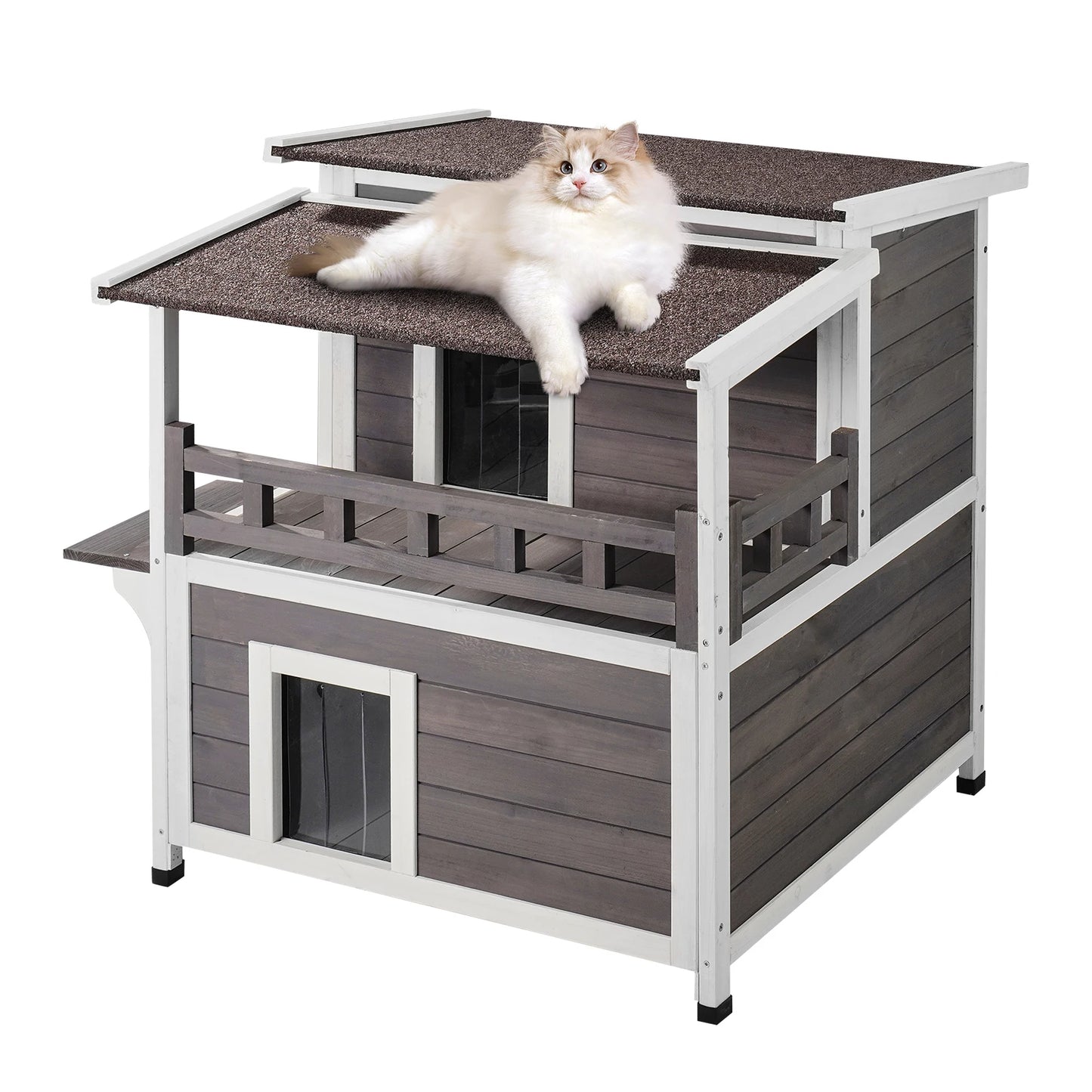 SucceBuy Weatherproof Outdoor Cat House With Balcony